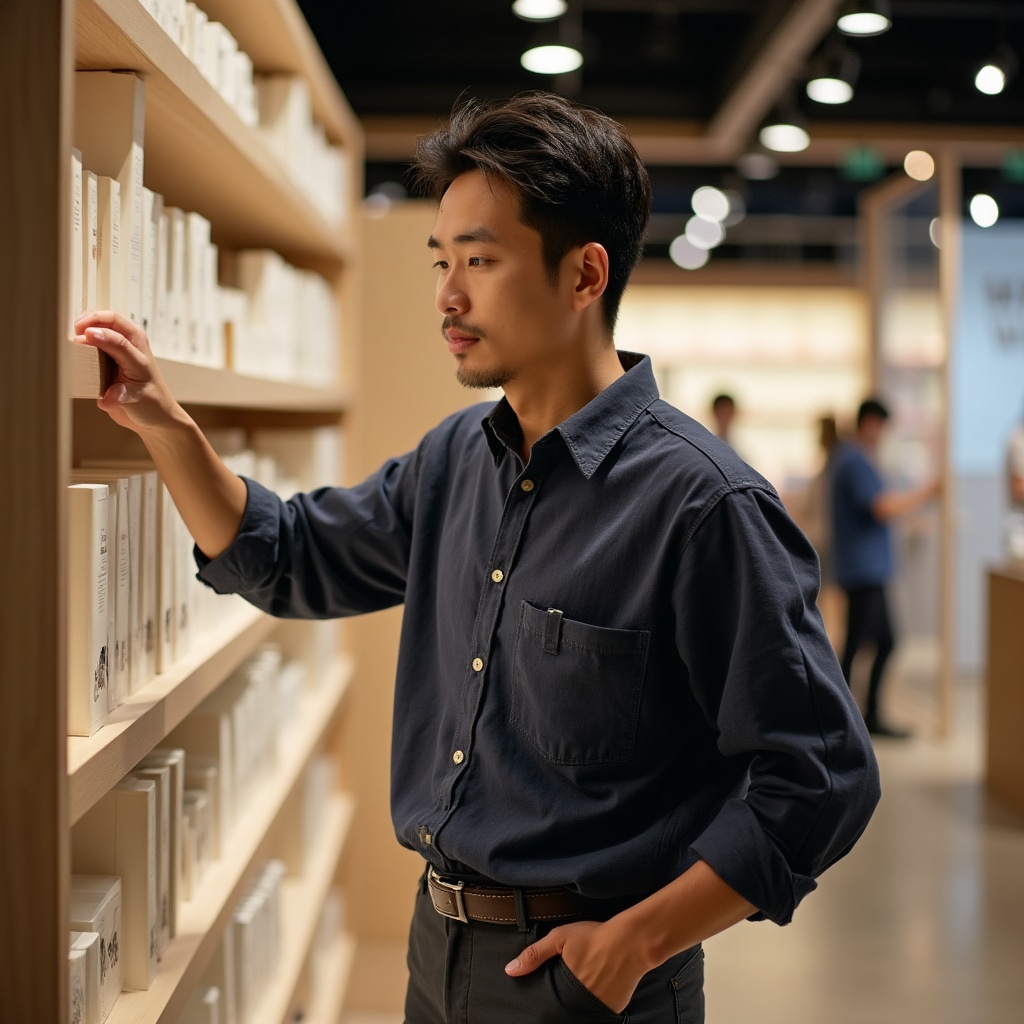 Person standing in a store aisle, pausing thoughtfully before selecting an item