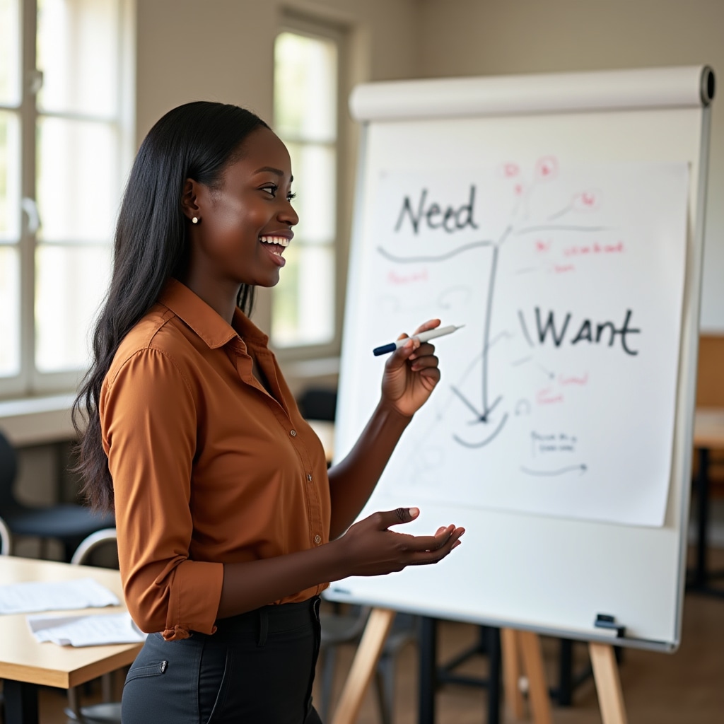 Female educator in her late 30s writing concepts on a whiteboard in a bright modern workshop space
