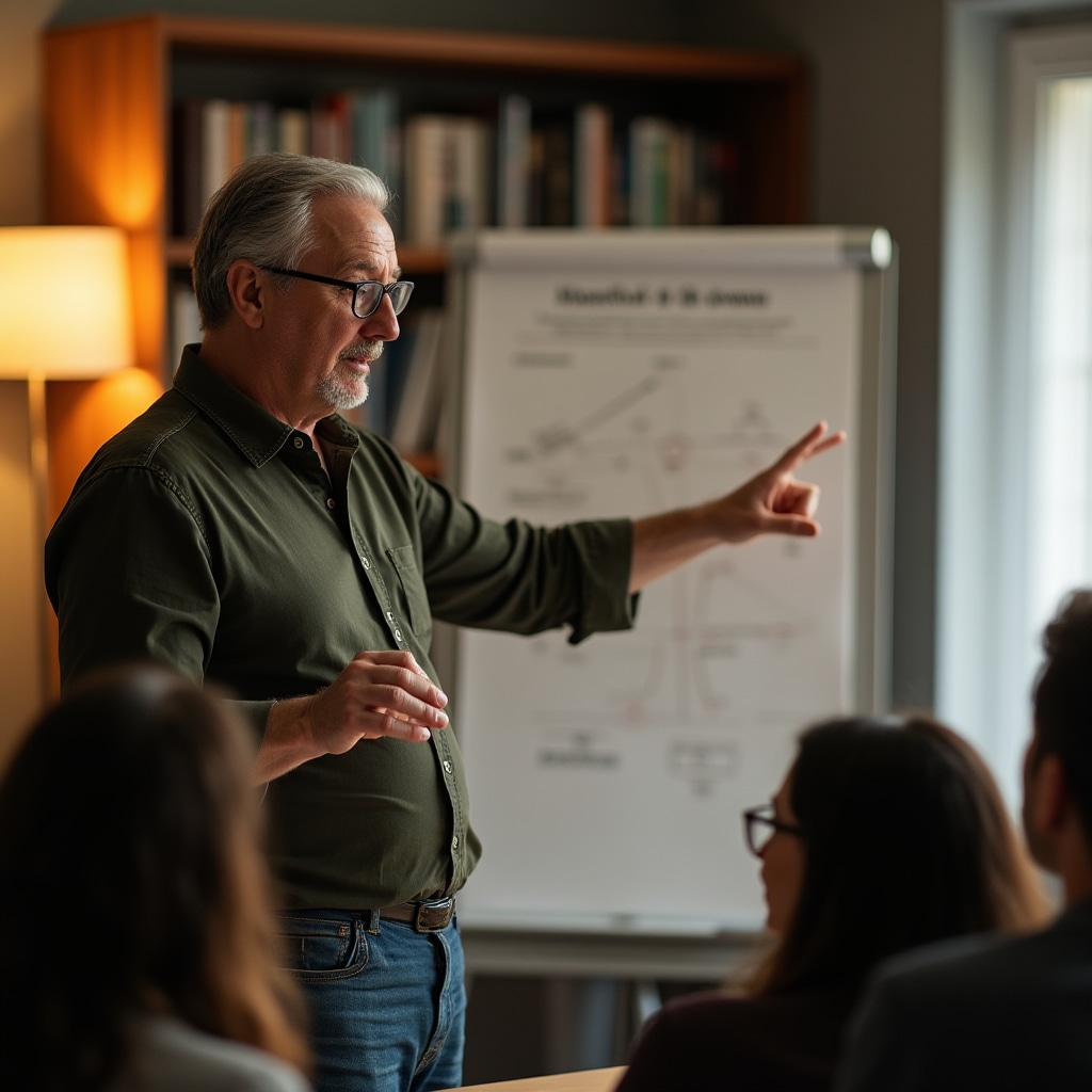 Male facilitator in his early 40s standing beside a flip chart, guiding a small diverse group through a discussion exercise