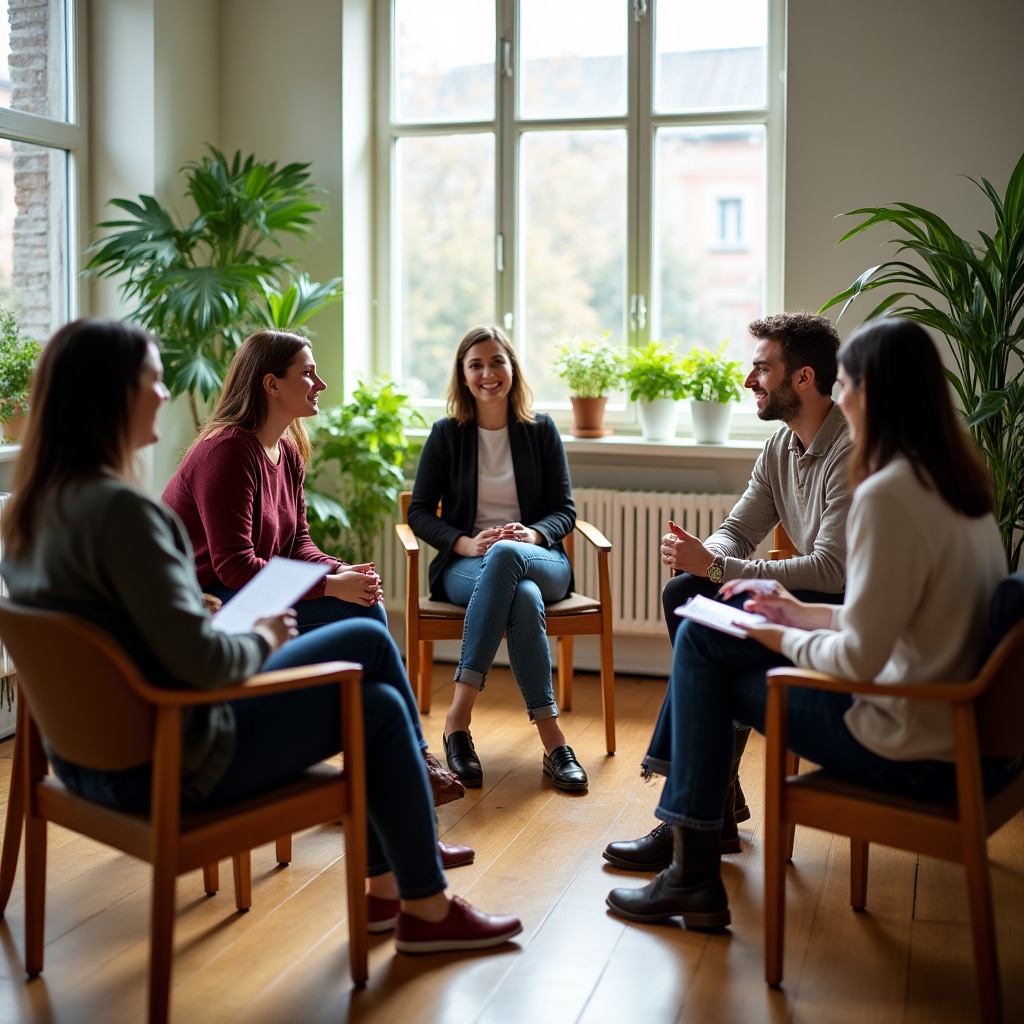 Small group of diverse adults seated in a circle during a guided discussion session