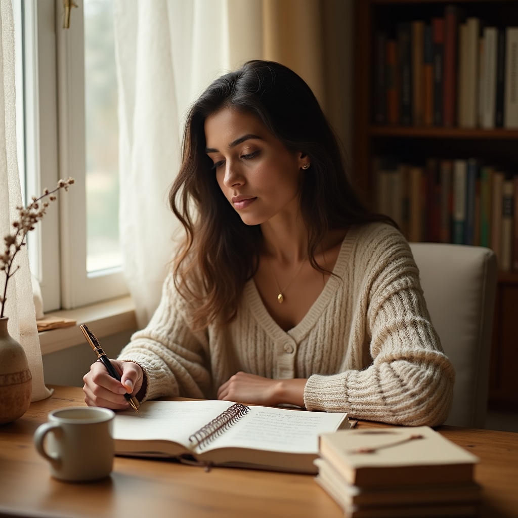 Person sitting quietly with an open journal on a wooden desk, reflecting