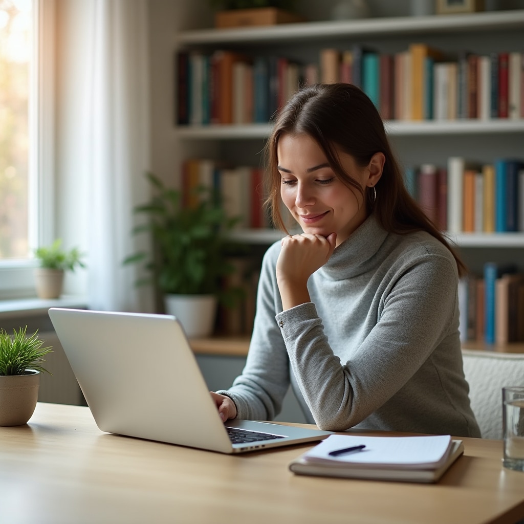 Person reading educational content on a laptop in a calm, naturally lit home study environment