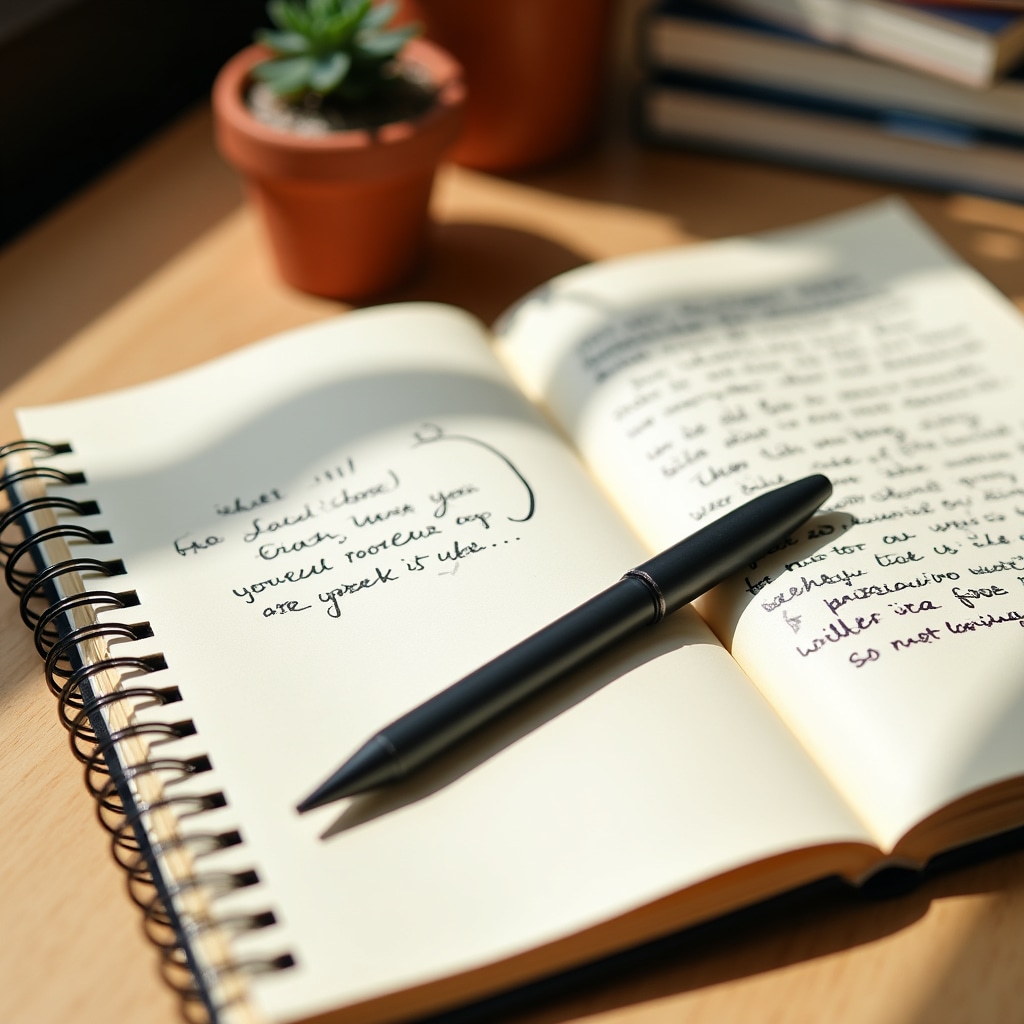 Open notebook with handwritten reflection notes, a pen, and a small plant on a wooden desk