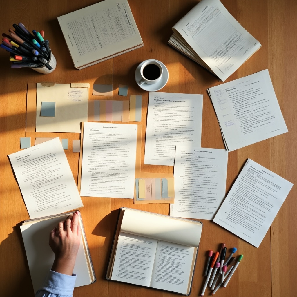 Overhead view of a wooden table with printed worksheets, colored pens, and a coffee cup arranged for a workshop session